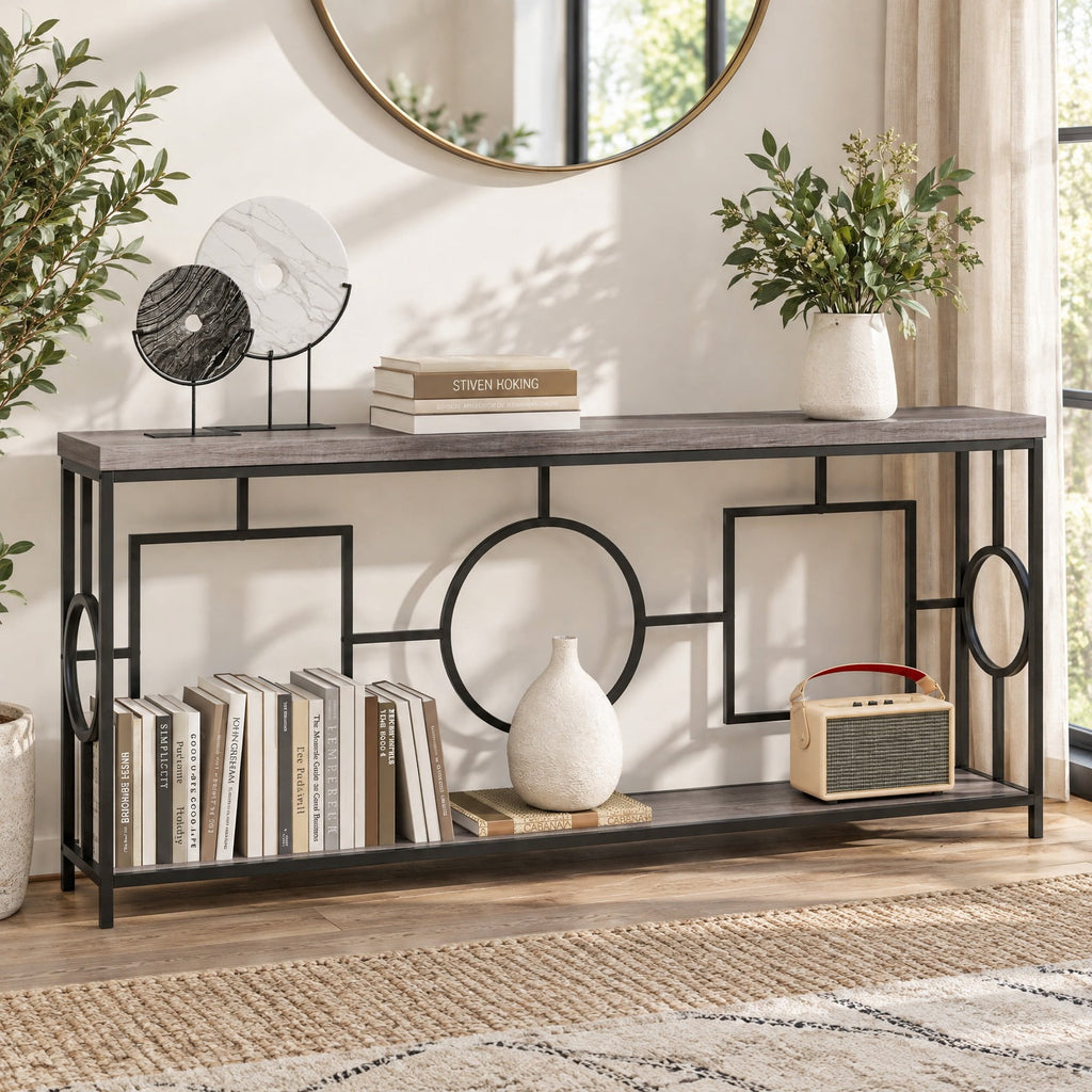Airfind 2-Tier Faux Marble Top Console Table with Storage Shelf for Hallway, 110 lbs Capacity, MDF Metal Frame, Brown