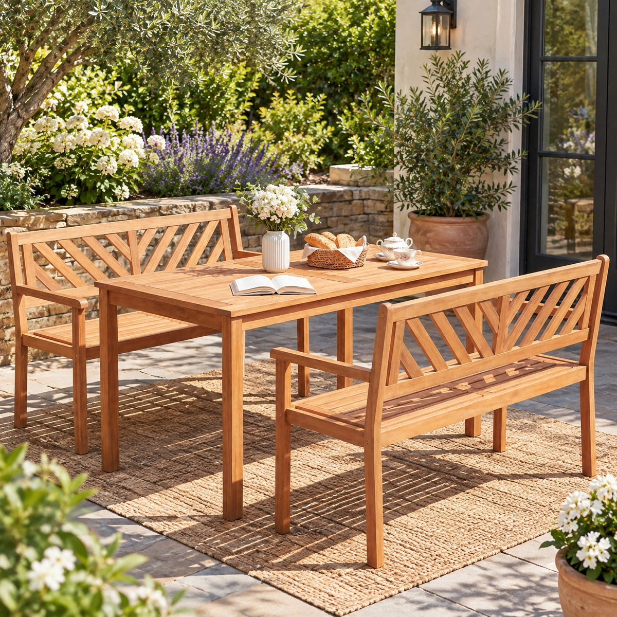 Airfind 2-Person Patio Acacia Wood Garden Chair with Armrests and Backrest for Porch, 800 lbs Capacity, Acacia Wood Frame, Teak