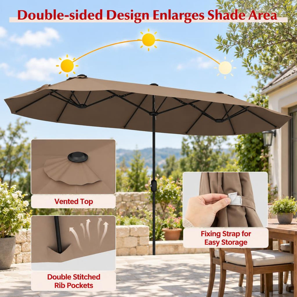 Airfind 13FT Double-sided Patio Twin Table Umbrella with Crank Handle, Metal 180g Yarn Dyed Fabric PA Coating Frame, Tan