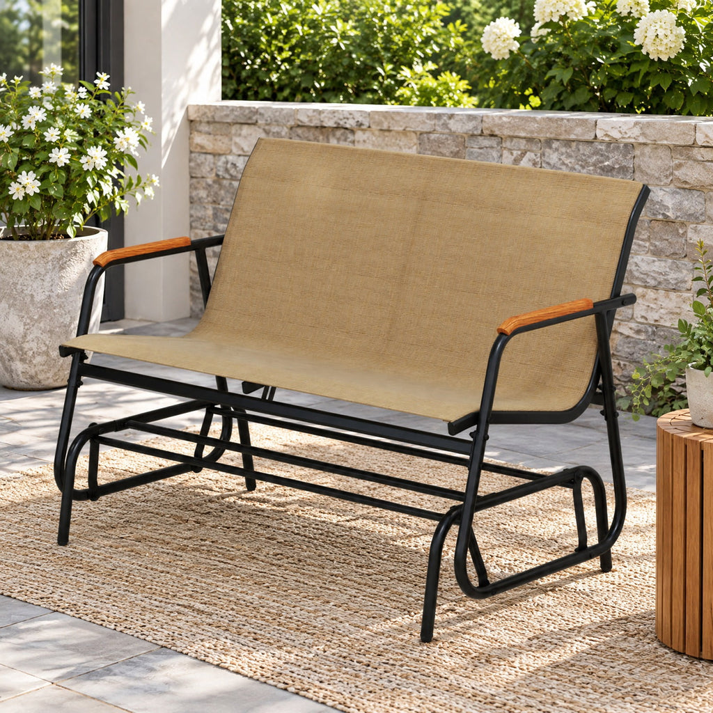 Airfind Patio Glider Bench with Curved Teak Armrests and Breathable Fabric Seat for 2 People, 660 lbs Capacity, Metal Fabric Teak Wood Frame, Brown