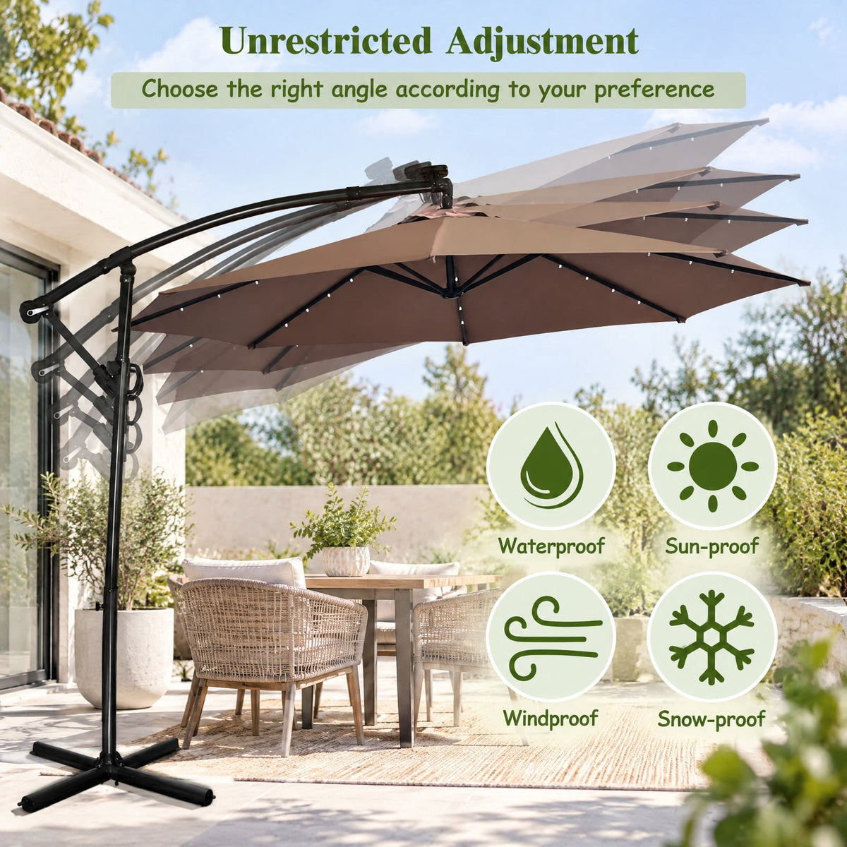 Airfind 10 ft 360° Rotation Solar Powered LED Patio Offset Umbrella without Weight Base, Steel aluminum polyester fabric Frame, 10 x 7.5 Footprint