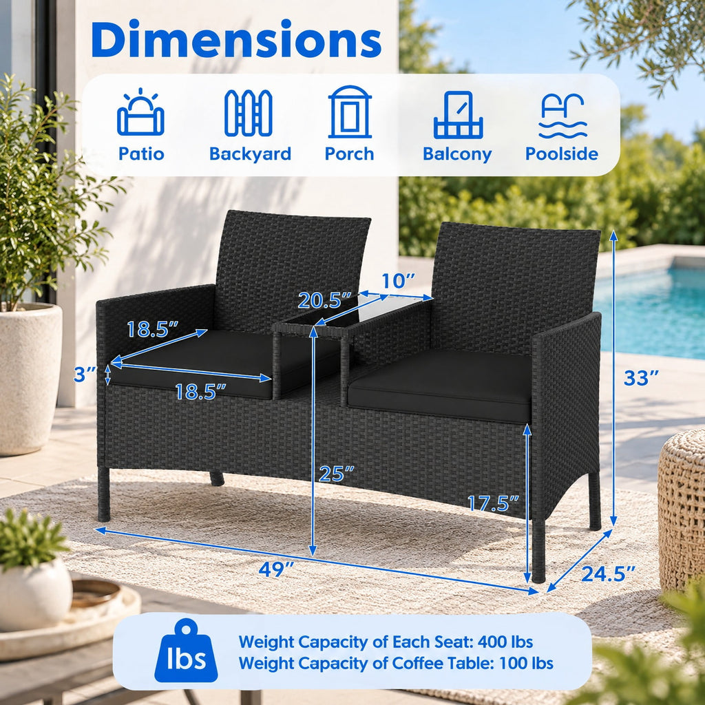 Airfind Patio Loveseat with Built-in Table for Backyard Porch, 400 lbs Capacity, PE Rattan Metal Polyester Sponge Tempered Glass Frame, Black
