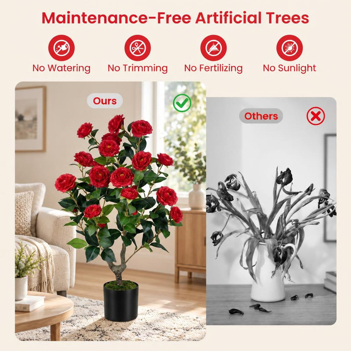 Airfind Artificial Camellia Tree, 2-Pack, Faux Flower Plant in Cement-Filled Pot, offers excellent stability and balance, Red