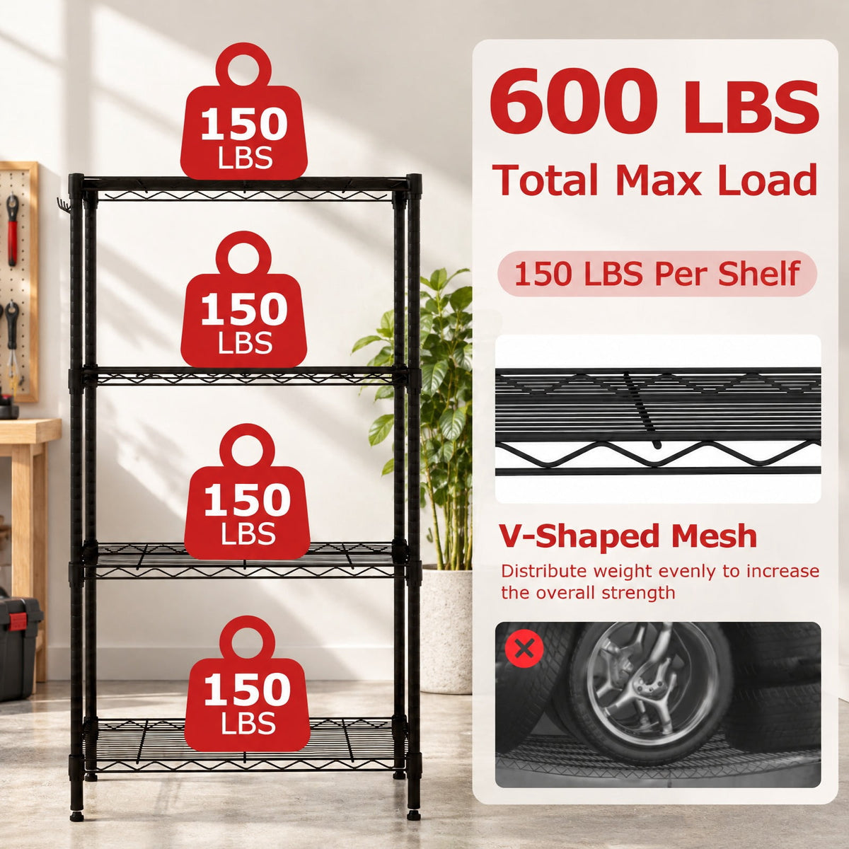 Airfind 4-Tier Metal Storage Shelving Unit with V-Shaped Wire Rack and 600 LBS Capacity, 600 lbs Capacity, Metal Frame, Black