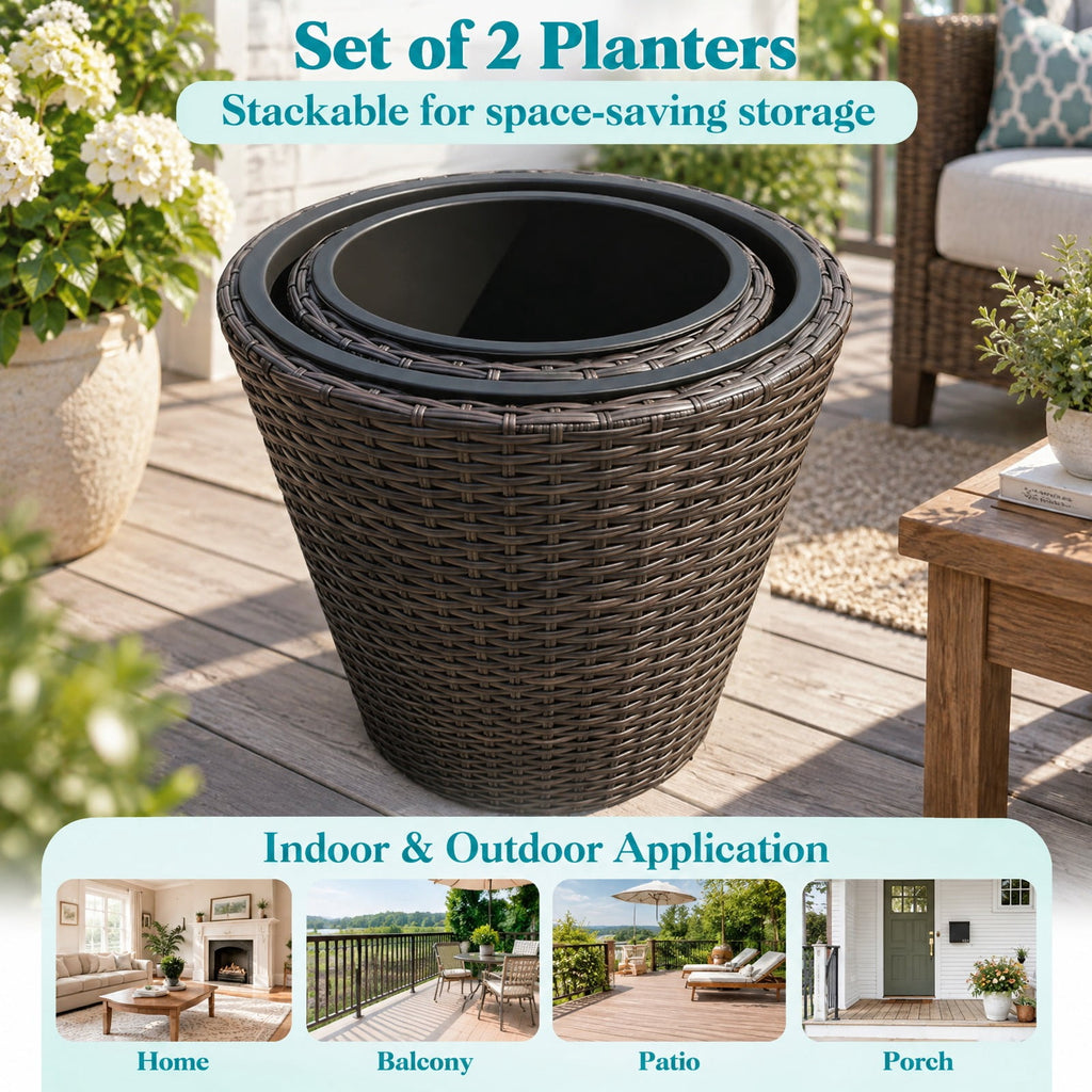 Airfind Set of 2 Plastic Taper Rattan Planters with Drainage Holes and Saucers, PP Frame, 15 x 15 x 15 Footprint, Brown