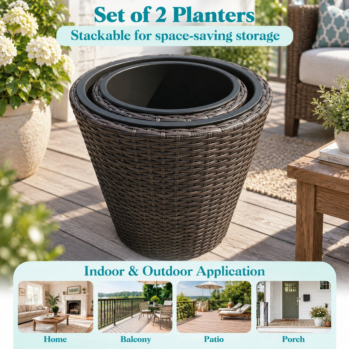 Airfind Set of 2 Plastic Taper Rattan Planters with Drainage Holes and Saucers, PP Frame, 15 x 15 x 15 Footprint, Brown