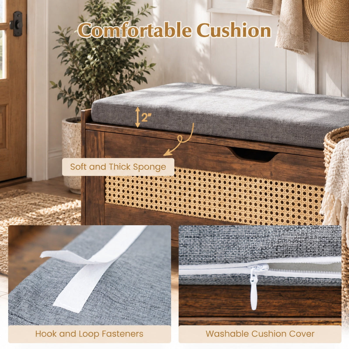 Airfind 39.5in Rattan Storage Chest Wicker Shoe Bench with Padded Seat Flip-Top, 440 lbs Capacity, Engineered Wood PE Rattan Metal Frame, Brown