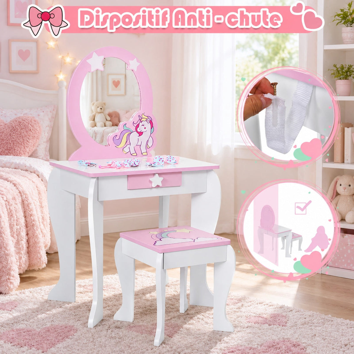Airfind Kids Wooden Makeup Dressing Table and Chair Set with Mirror and Drawer, MDF Frame, 19 Inch x 14 Inch x 35 Inch Footprint, White