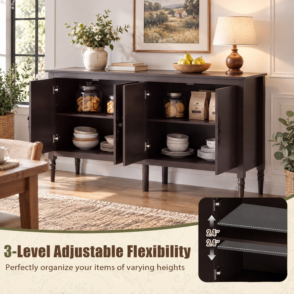 Airfind 58 Vintage Buffet Cabinet with Pine Wood Legs and Adjustable Shelves for Kitchen, 150 lbs Capacity, Engineered Wood Pine Wood Metal Frame