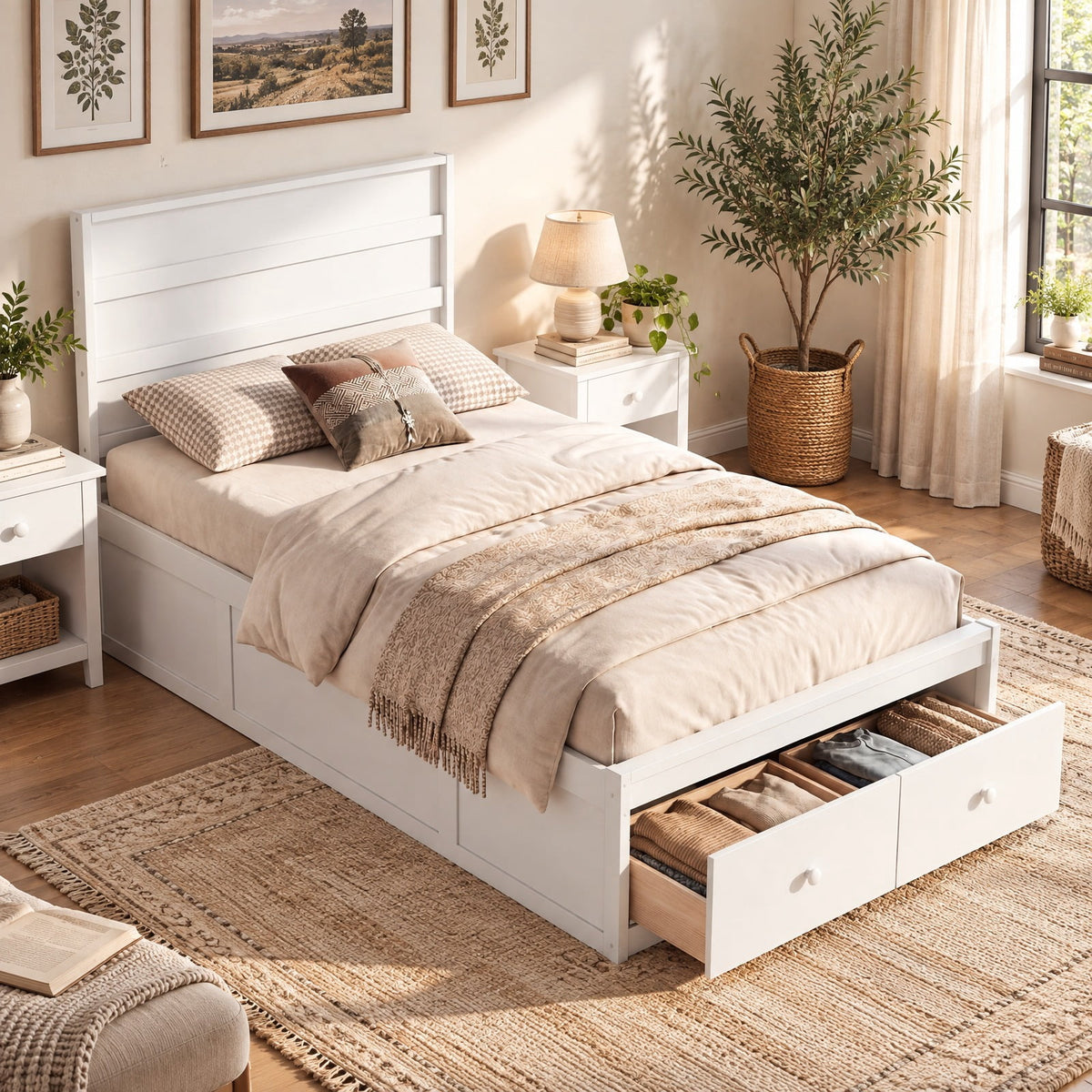 Airfind Twin Size Bed Frame with Storage Drawers and Headboard, 350 lbs Capacity, Solid Wood Plywood Engineered Wood MDF Frame, White