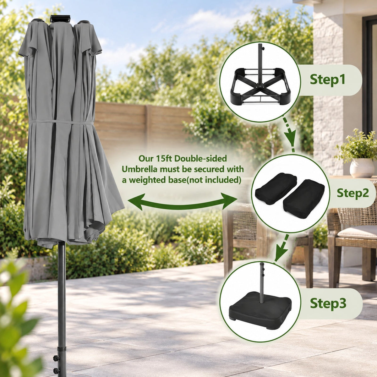 AIRFIND Patio Umbrella with 48 Solar LED Lights, 15 ft Double-Sided Canopy, Hand Crank and 12 Steel Ribs, Base Sold Separately, Gray