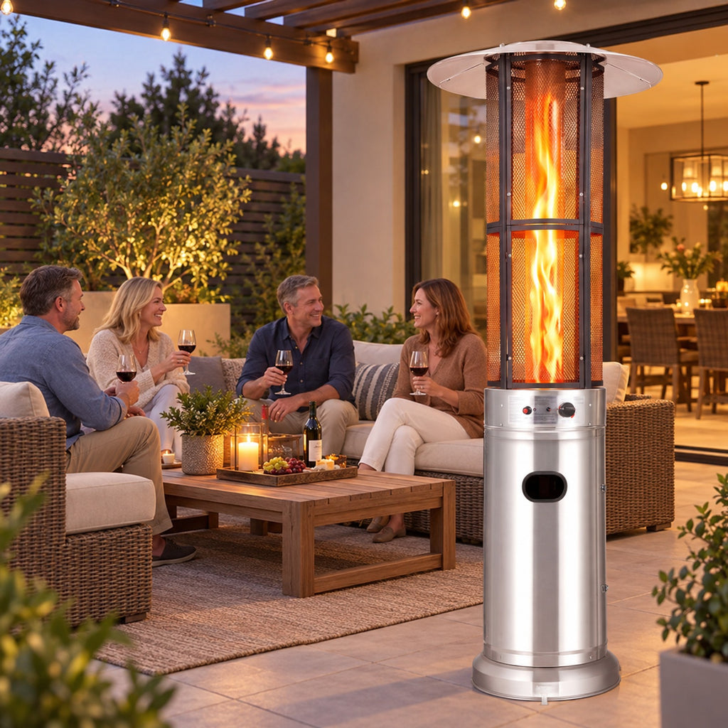 Airfind Outdoor Propane Patio Heater with Glass Tube and Tilt-Over Protection, Metal Frame, 27.5in x 74.5in Footprint, Silver