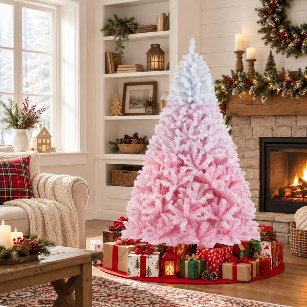 Airfind 2025 New Artificial Christmas Tree with Folding Metal Stand and 456 Branch Tips-7FT, Pink, Diameter of Stand 16in 18in 20in 22in