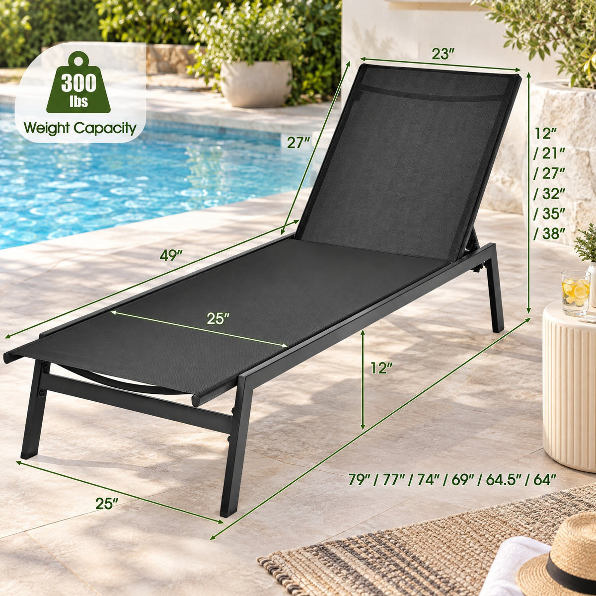 Airfind Outdoor Reclining Chaise Lounge Chair with 6-Position Adjustable Back, 330 lbs Capacity, Steel fabric Frame, Black