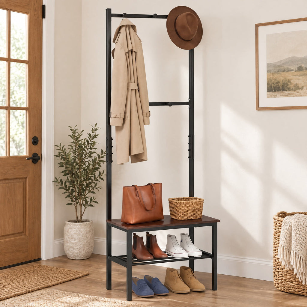 Airfind 3-in-1 Hall Tree Freestanding Entryway Bench with Hooks, 220 lbs Capacity, Metal Engineered Wood ABS Frame, Rustic Brown + Black