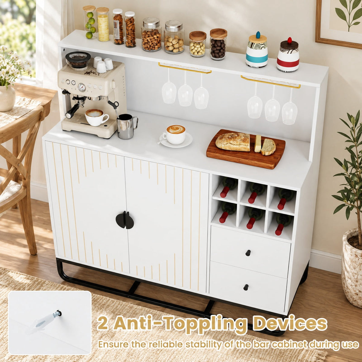 Airfind Home Bar Cabinet with Wine Rack Glass Holder and Adjustable Shelf, 47 Inch x 16 Inch x 48.5 Inch Inner Footprint, White