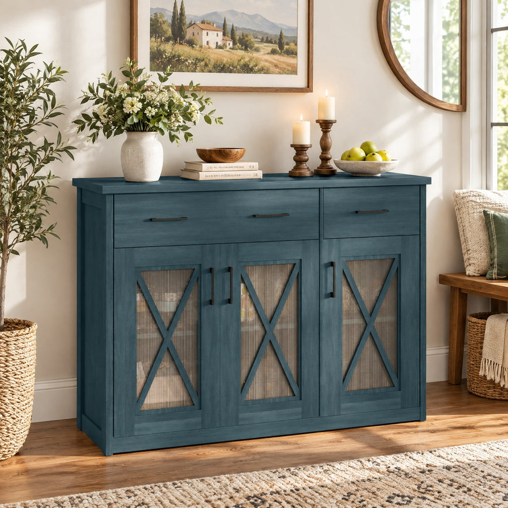 Airfind Farmhouse Buffet Sideboard 3-Door Kitchen Storage Cabinet featuring 2 Drawers, Top 132 lbs Total Capacity, Engineered Wood PC Frame, Turquoise