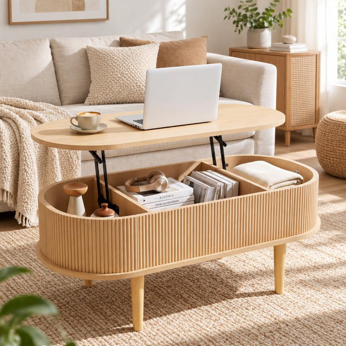 Airfind 43.5 Inch Oval Lift Top Coffee Table with Storage and Fluted Design for Living Room, 200 lbs Capacity, Engineered Wood Solid Wood Frame, Natural