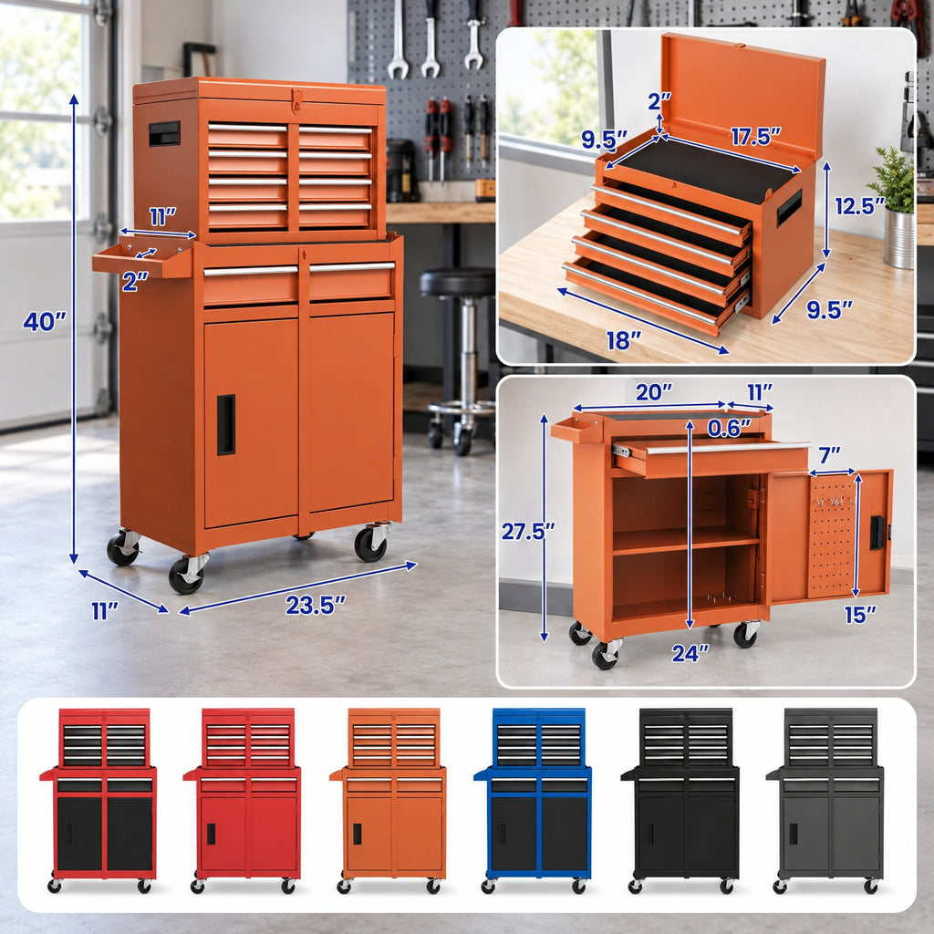 Airfind 2-in-1 Rolling Tool Chest with 5 Sliding Lockable Drawers, 220.5 lbs Capacity, Steel rubber-plastic synthetic Frame, Orange