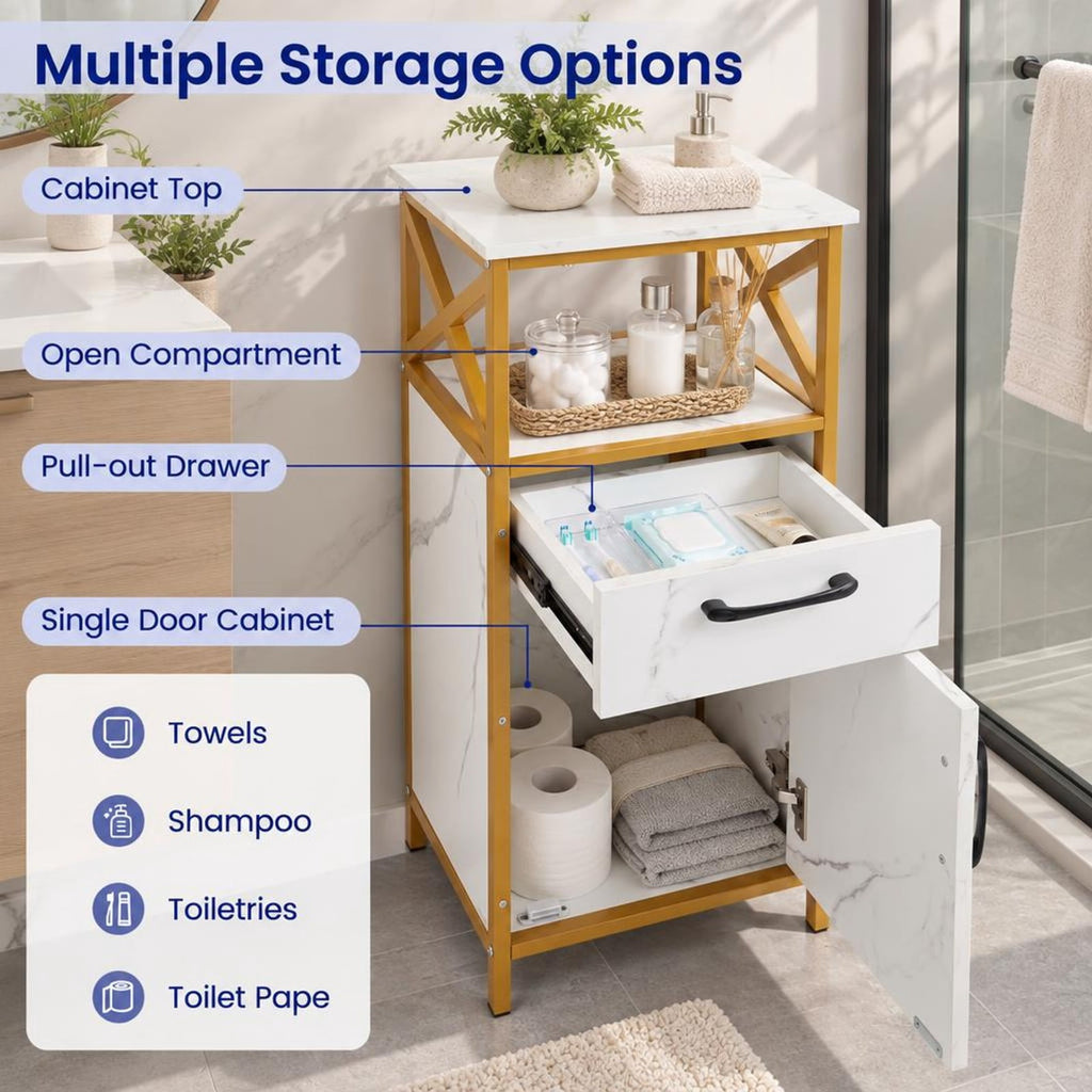 Airfind Bathroom Storage Cabinet with Drawer Single Door and Open Shelf, 44 lbs Capacity, Engineered Wood Metal Frame, 14in x 12in x 31in Footprint