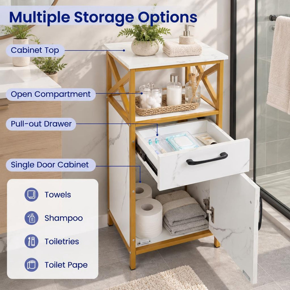 Airfind Bathroom Storage Cabinet with Drawer Single Door and Open Shelf, 44 lbs Capacity, Engineered Wood Metal Frame, 14in x 12in x 31in Footprint