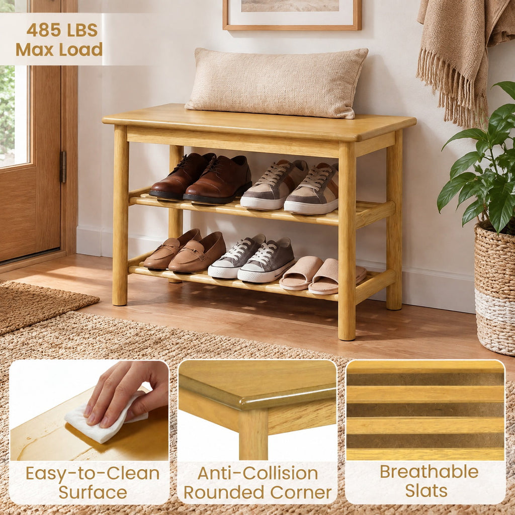 Airfind Shoe Rack Bench 3-Tier Rubberwood Shoe Changing Bench, 485 lbs Capacity, Rubberwood MDF Frame, 24 Inch x 12 Inch x 17 Inch Footprint, Natural