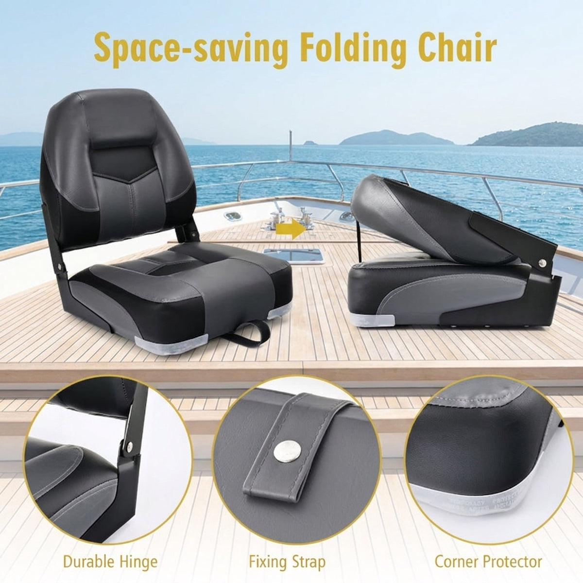 Airfind Set of 2 Folding Low Back Fishing Boat Seats with 4.3 Inch Padding and Stainless Steel Screws, Weatherproof Marine Seats, Black