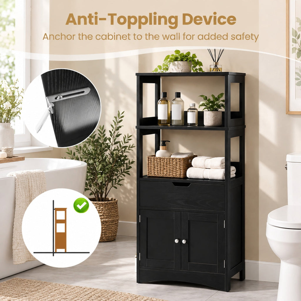 Airfind Bathroom Storage Cabinet with Open Shelves and Drawer, 110 lbs Capacity, Engineered Wood Frame, 24in x 13in x 48in Footprint, Black