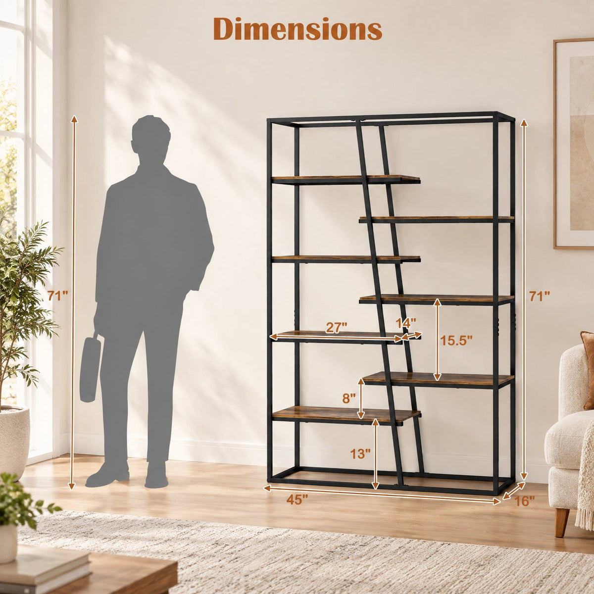 Airfind 71-Inch 7-Tier Industrial Etagere Bookcase with Heavy-duty Metal Frame, Engineered Wood Metal Frame, 45in x 16in x 71in Footprint, Brown