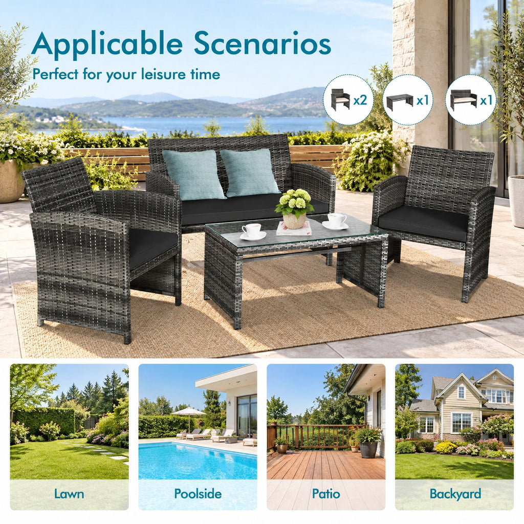 Airfind 4 Pieces Patio Rattan Furniture Set with Glass Table and Loveseat, PE Rattan Polyester Fiber Steel Sponge Single Sofa Frame, Black