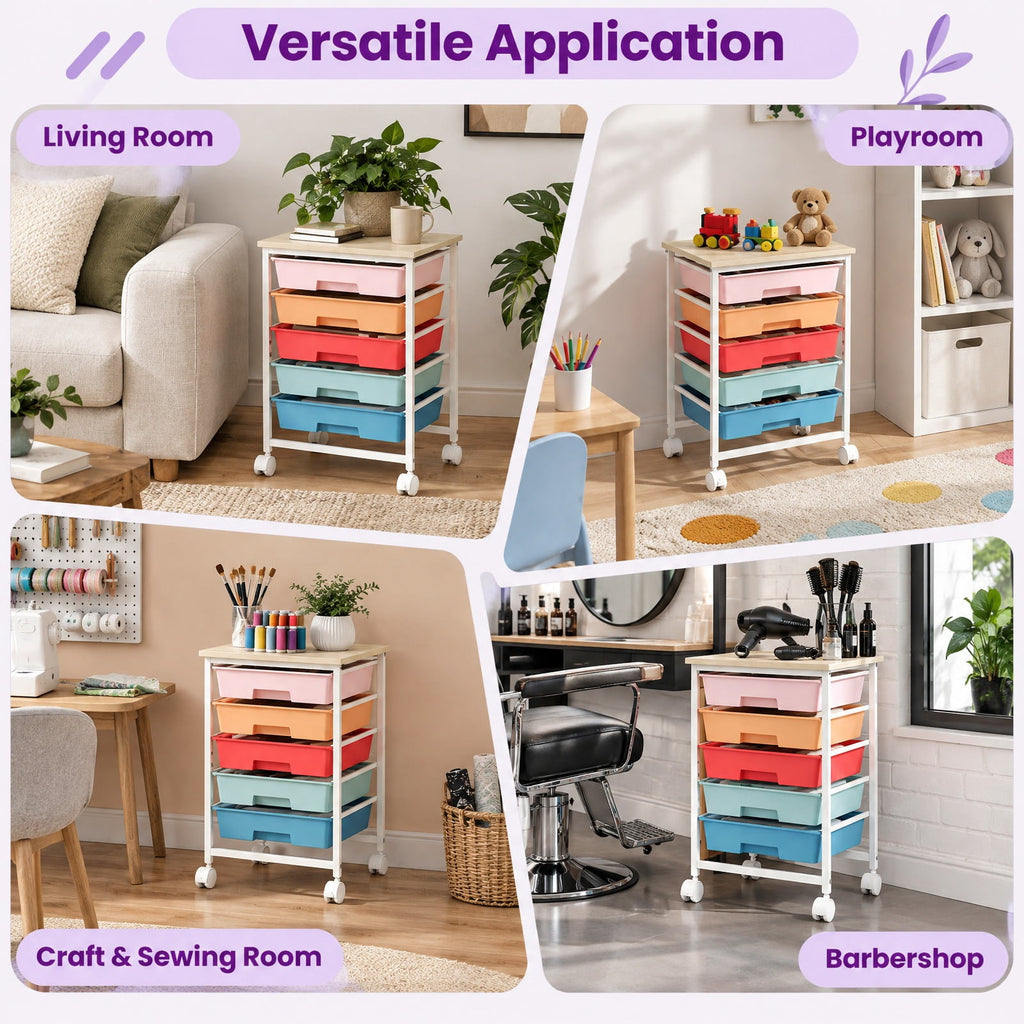 Airfind 5-Drawer Rolling Cart with Wooden Tabletop and Metal for Craft Room, 33 lbs Capacity, Metal PP Engineered Wood for Home, Patio and Everyday