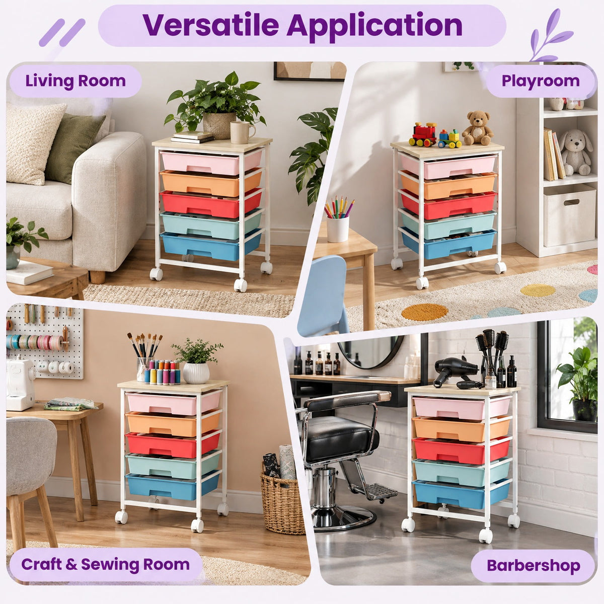 Airfind 5-Drawer Rolling Cart with Wooden Tabletop and Metal for Craft Room, 33 lbs Capacity, Metal PP Engineered Wood for Home, Patio and Everyday