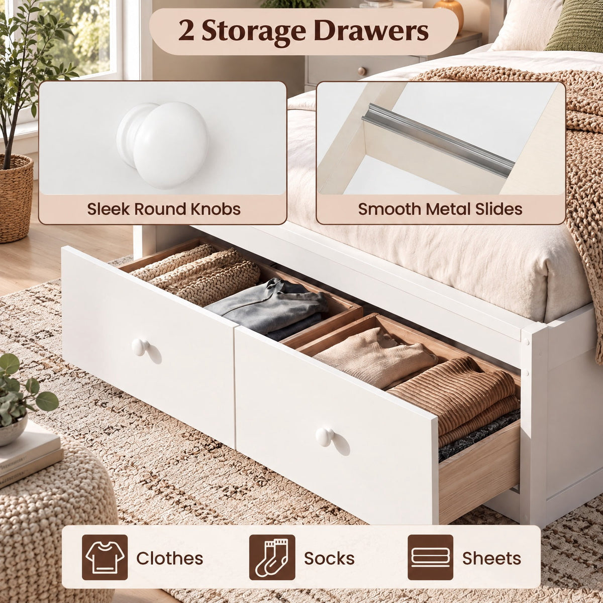 Airfind Twin Size Bed Frame with Storage Drawers and Headboard, 350 lbs Capacity, Solid Wood Plywood Engineered Wood MDF Frame, White