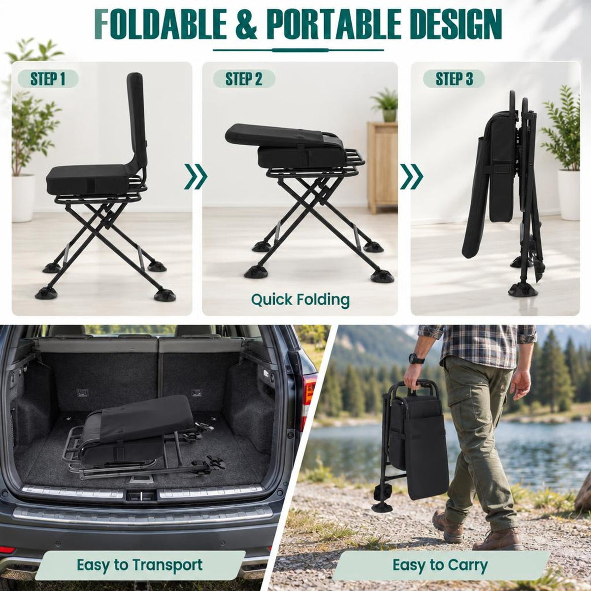 Airfind Swivel Folding Chair with Backrest and Padded Cushion, Sponge Steel Oxford Fabric PVC Frame, 19 Inch x 22 Inch x 35 Inch Footprint, Black