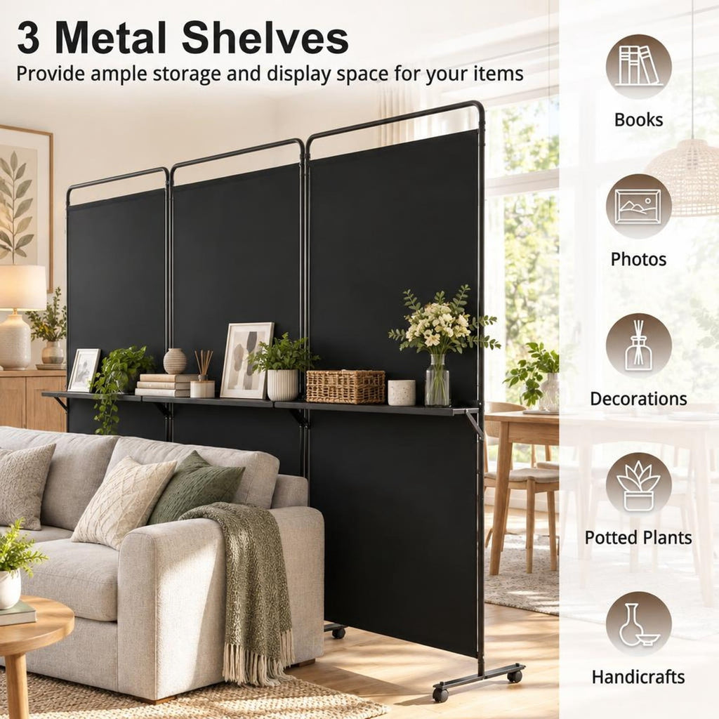 Airfind 3-Panel Room Divider with Shelves 6 FT Tall Folding Privacy Screen with Lockable Wheels, Polyester Fabric Metal Frame, Black