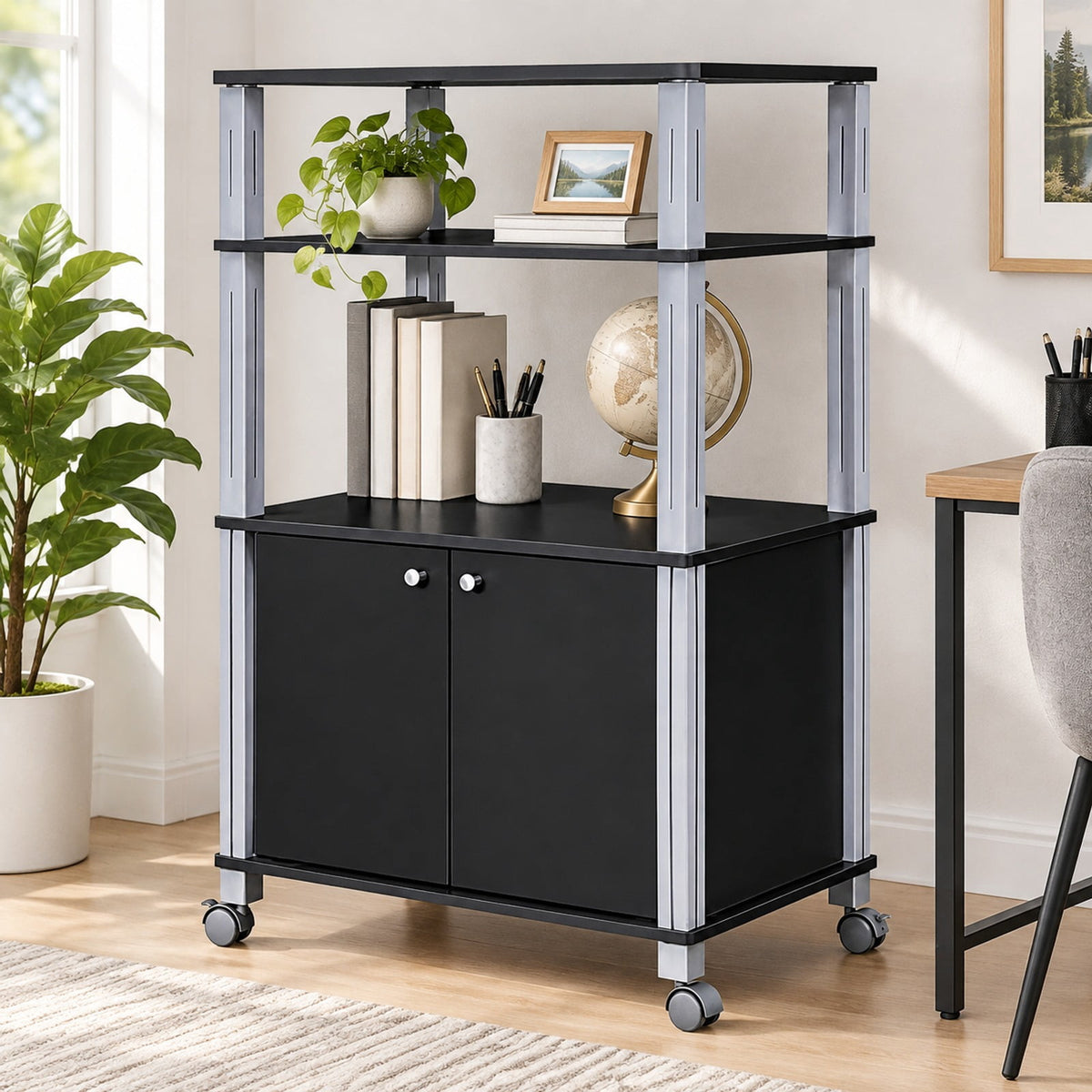 Airfind Microwave Rack Stand Rolling Storage Cart, P2 MDF Frame, 23.5 x 15.5 x 38.5 Footprint, Black