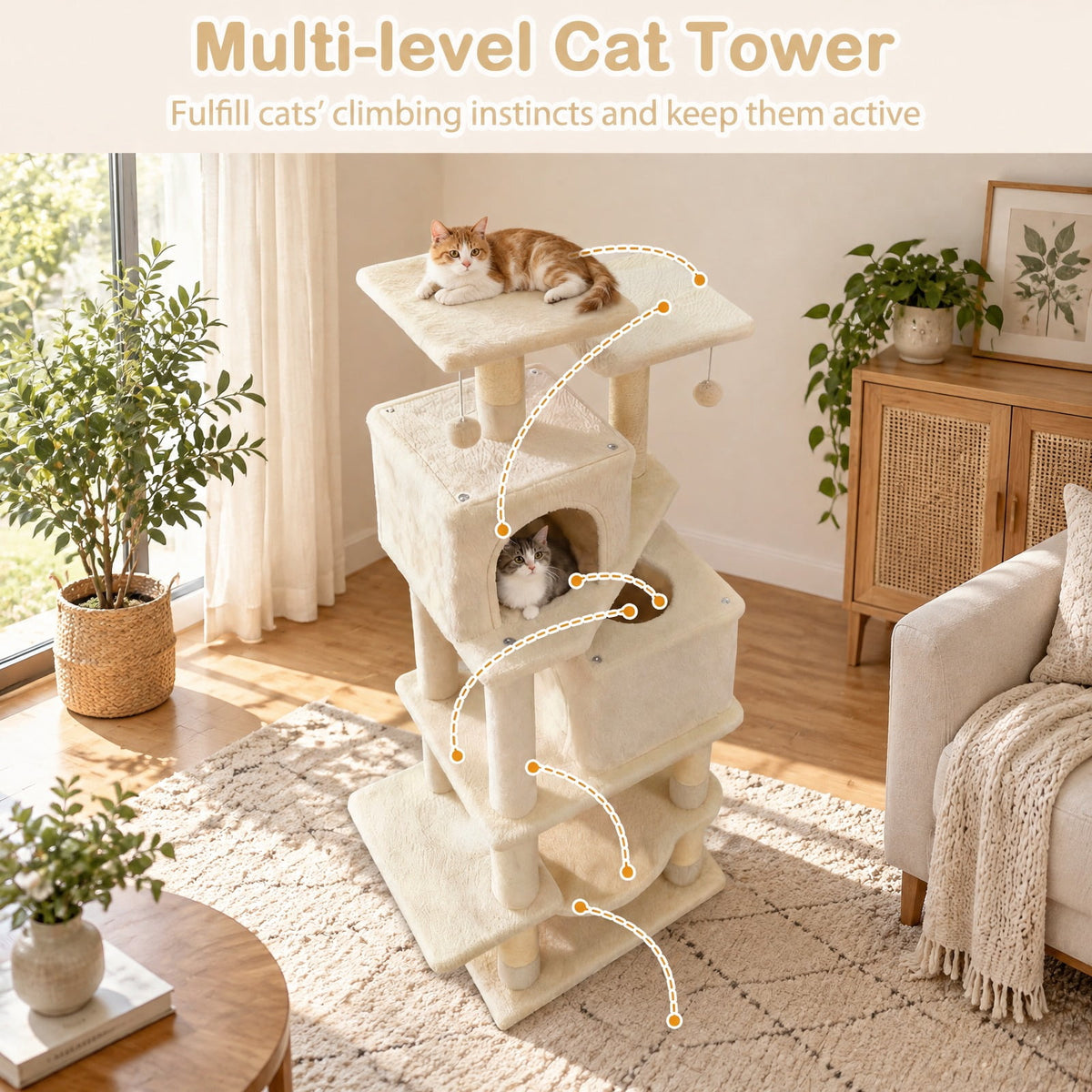 Airfind 57 Inch Cat Tree with Dual Condos and Hammock and 2 Dangling Balls, 29 x 16 Footprint, Beige