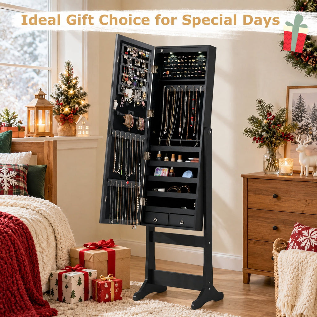 Airfind Lockable Freestanding Jewelry Cabinet Armoire with Full-Length Mirror and Lights, MDF Glass, 16 Inch X 14.5 Inch X 57.5 Inch, Black