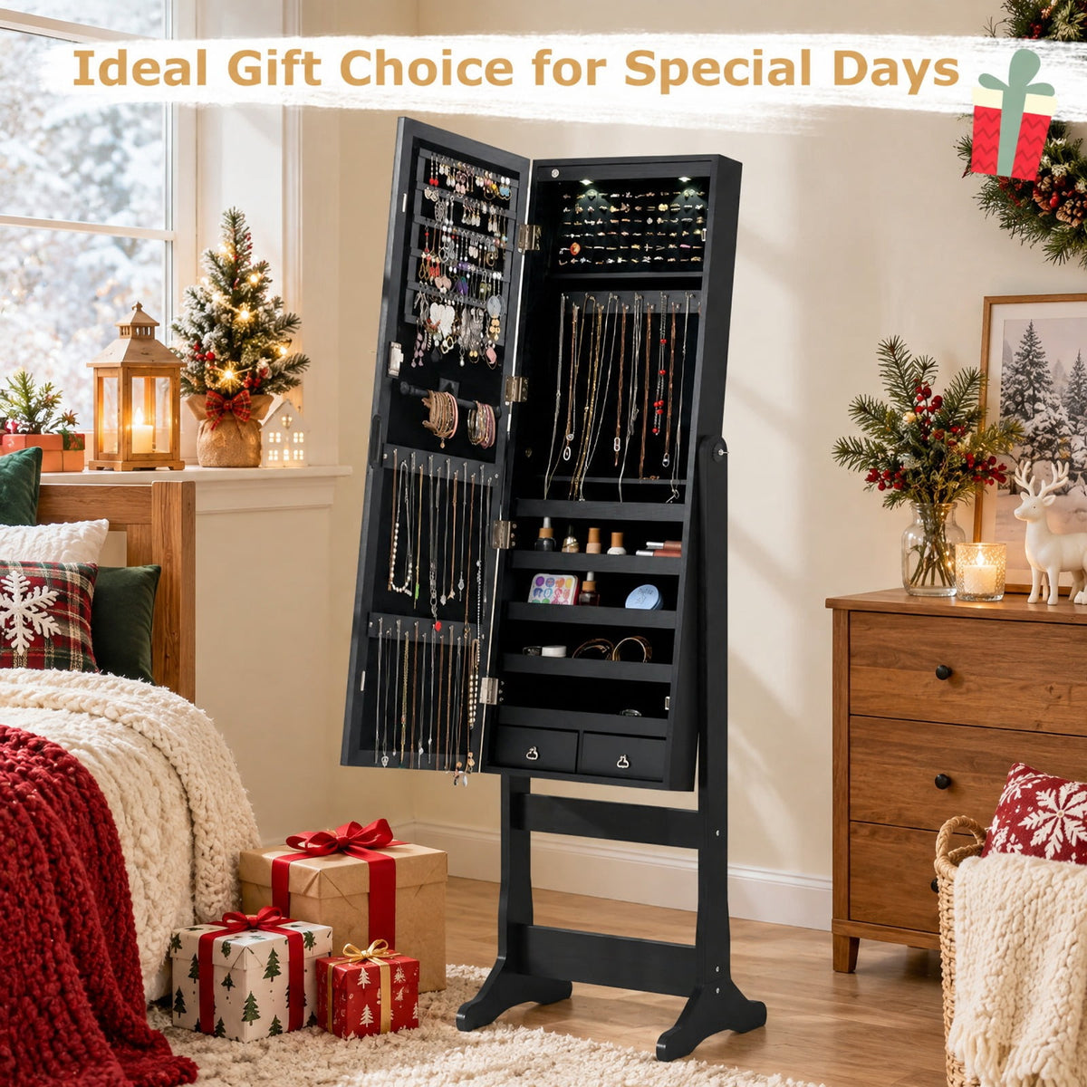 Airfind Lockable Freestanding Jewelry Cabinet Armoire with Full-Length Mirror and Lights, MDF Glass, 16 Inch X 14.5 Inch X 57.5 Inch, Black