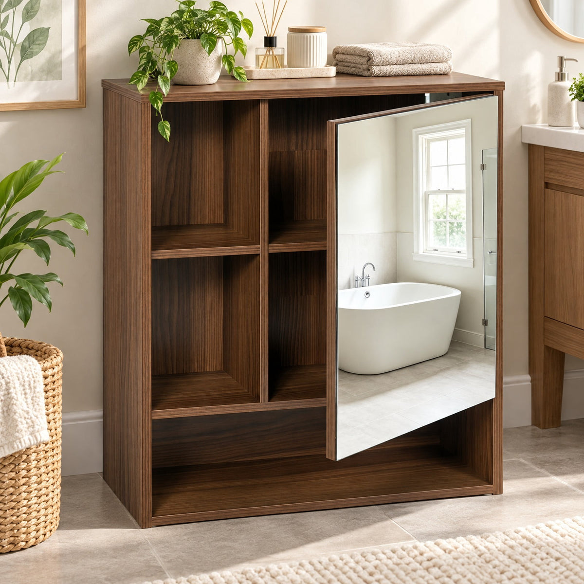 Airfind Wall-Mounted Mirror Cabinet with 2 Hidden Shelves and 3 Open Compartments, 22 lbs Capacity, Engineered Wood Frame, 22 x 6 x 24 Footprint