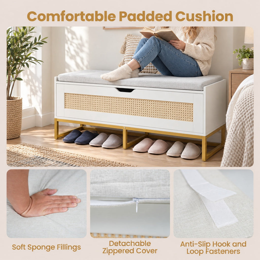 Airfind 39.5in Rattan Storage Chest Wicker Shoe Bench with Padded Seat Flip-Top, 440 lbs Capacity, Engineered Wood PE Rattan Metal Frame, White