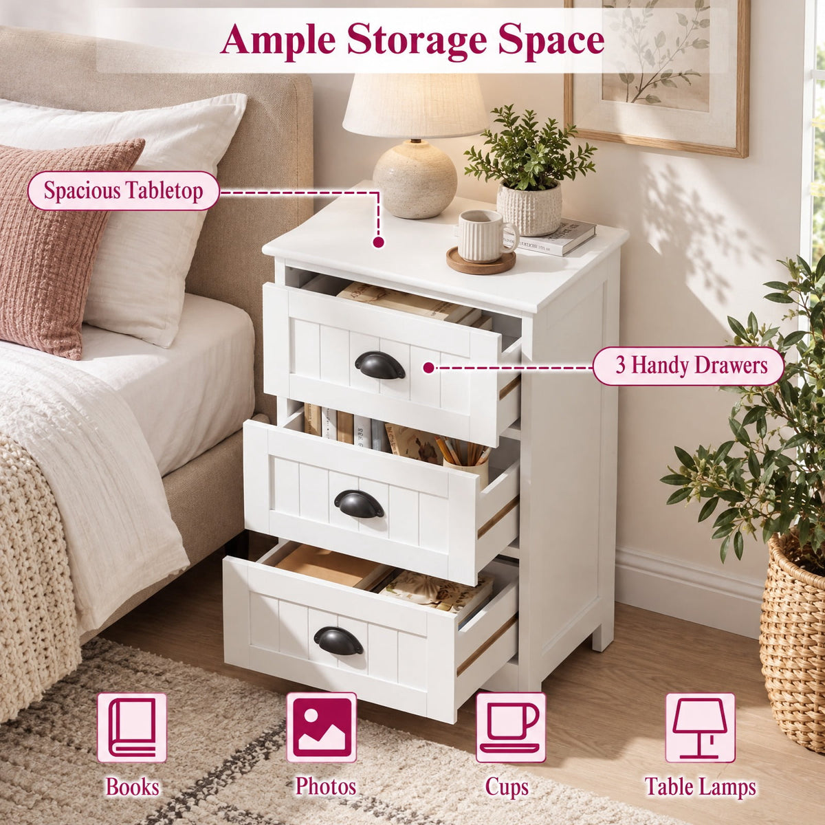 Airfind 3 Drawers End Storage Wood Side Nightstand, 88 lbs Capacity, P2 MDF Frame, 18 x 12 x 27 Footprint, White