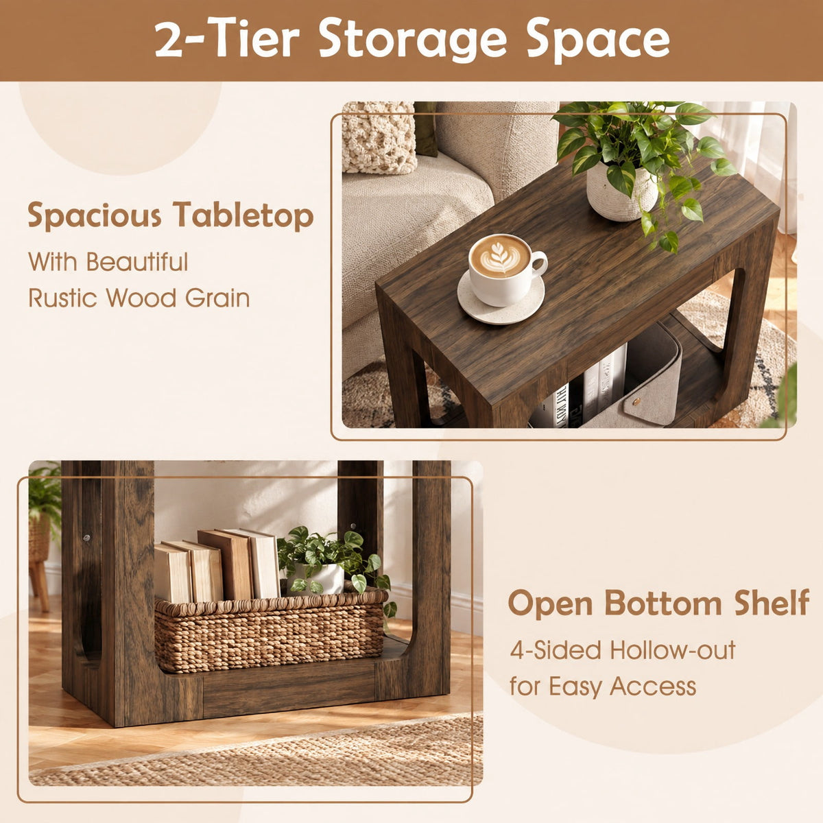 Airfind 2-Tier End Table with Storage Shelf for Living Room, 135 lbs Capacity, Engineered Wood Frame, 23.5 x 12 x 22 Footprint, Walnut