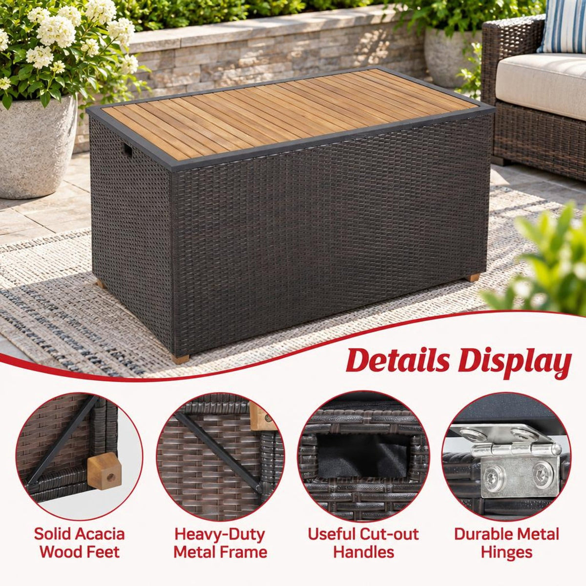 Airfind 134 Gallon Rattan Storage Box with Zippered Liner and Solid Acacia Wood Top, wood board 165 lbs Capacity, 51in x 28.5in x 28in Footprint, Wood