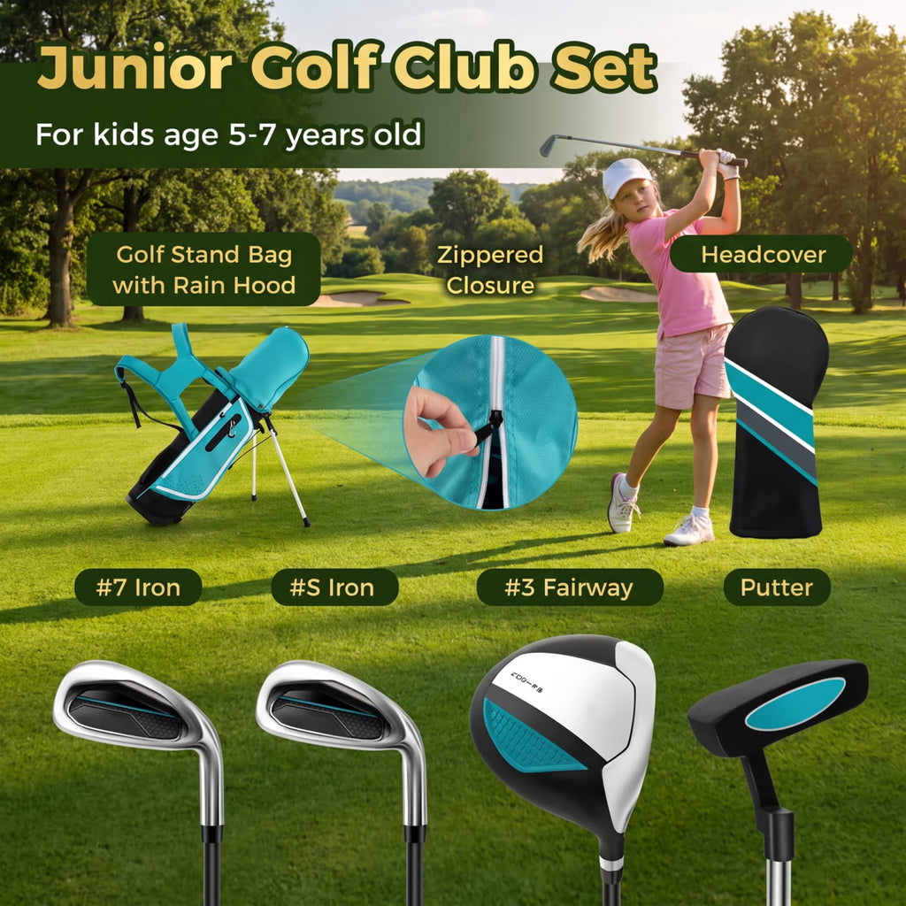 Airfind Junior Complete Golf Club Set Right Hand with Stand Bag Rain Hood and 4 Clubs for Kids Ages 5 to 7 Beginners, Blue