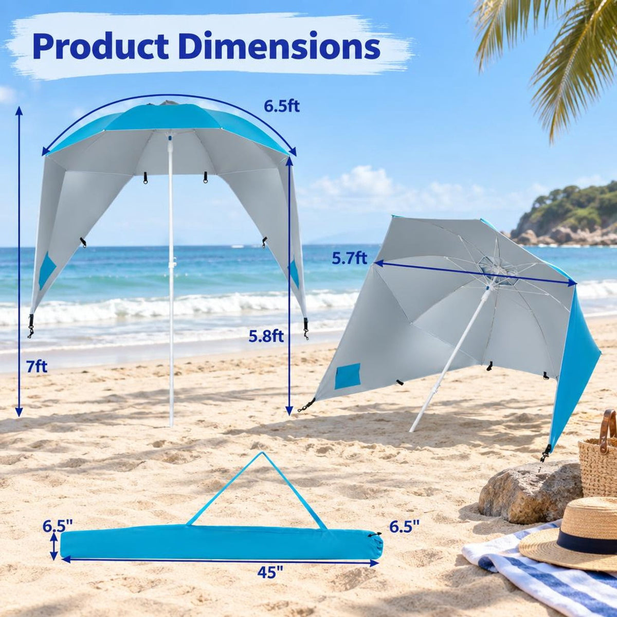 Airfind 2-in-1 Beach Shelter Umbrella UPF 50+ with Side Panels for Camping Picnic, Oxford Cloth Fiberglass Pole Metal PP Frame, Turquoise