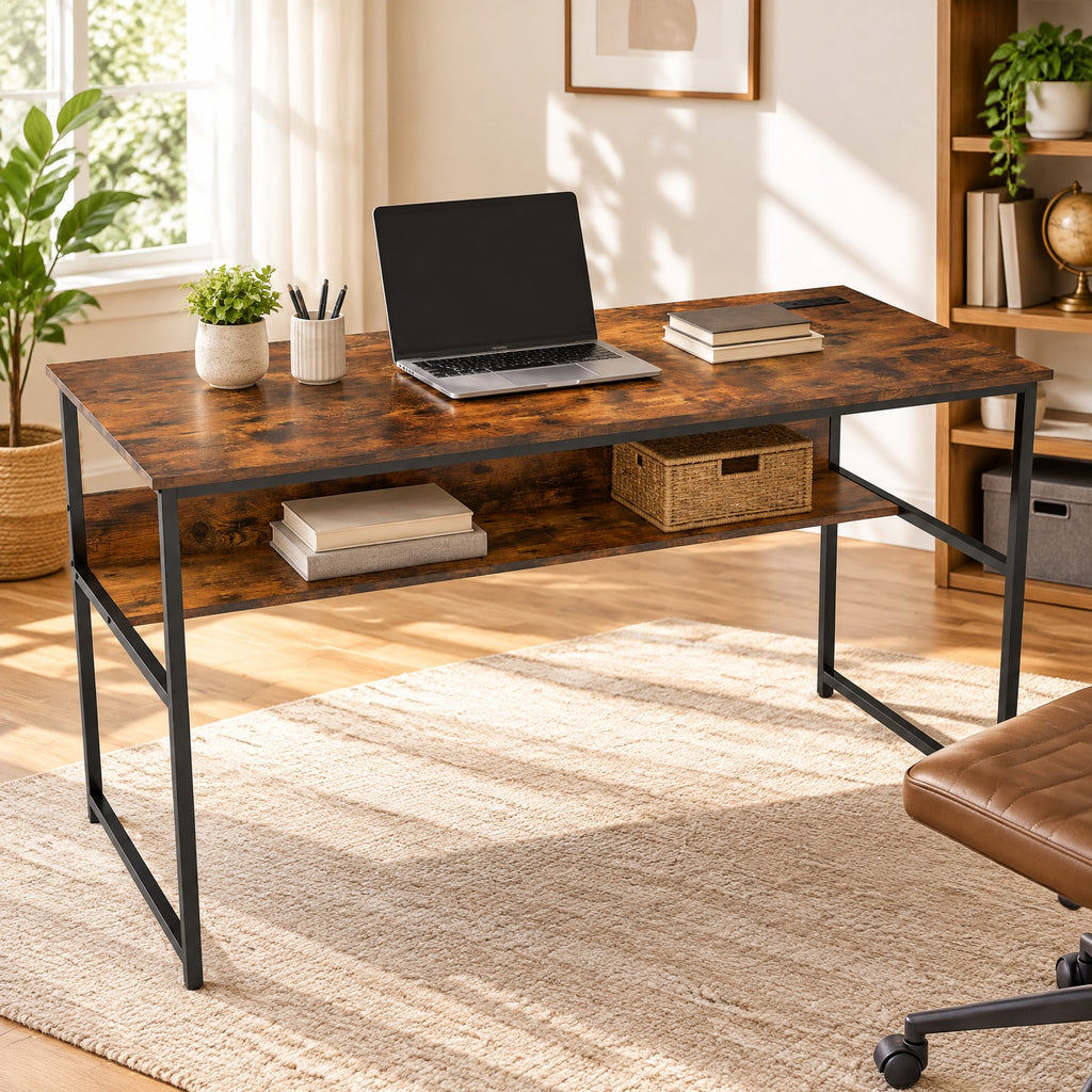 Airfind 55 x 24 inch Computer Desk with Power Outlets and USB Ports, 220 lbs Capacity, Engineered Wood Metal Frame, Brown