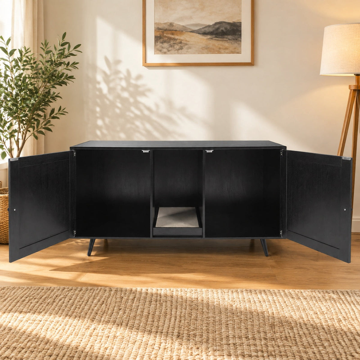 Airfind Double Cat Litter Box Enclosure for 2 Cats with Scratching Pad and Double Rooms, Engineered Wood Frame, Black