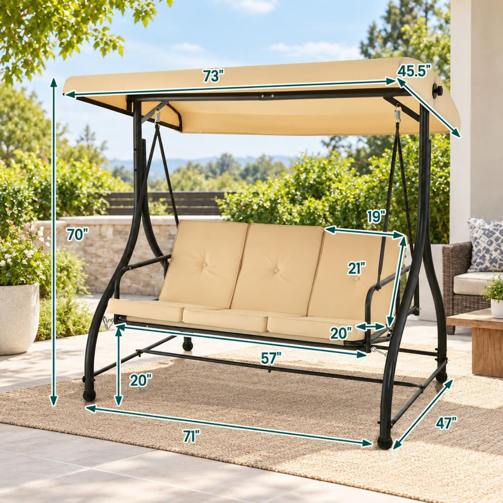 Airfind 3 Seat Outdoor Porch Swing with Adjustable Canopy, Metal Polyester Cotton Seat Height: 20 Frame, Beige