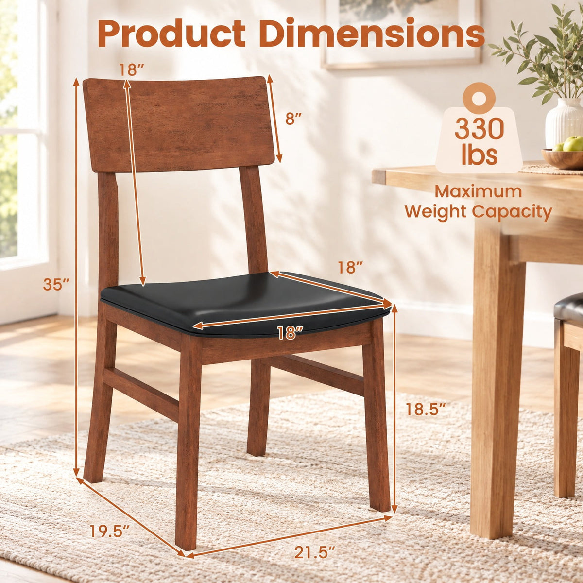Airfind Dining Chairs Set of 2 with Rubber Wood Legs and Faux Leather Upholstered Seat, 330 lbs Capacity, Rubber Wood Frame, Black